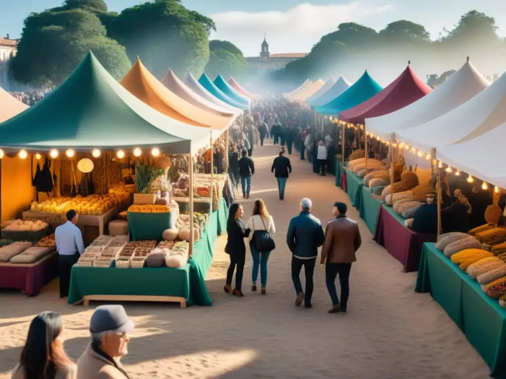 Vista aérea de feria artesanal en Uruguay, llena de colores vibrantes y emprendimiento creativo