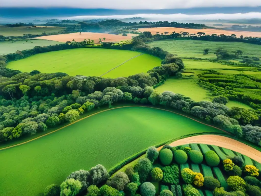 Vista aérea de una finca rural de lujo en Uruguay, con colinas verdes y ganado