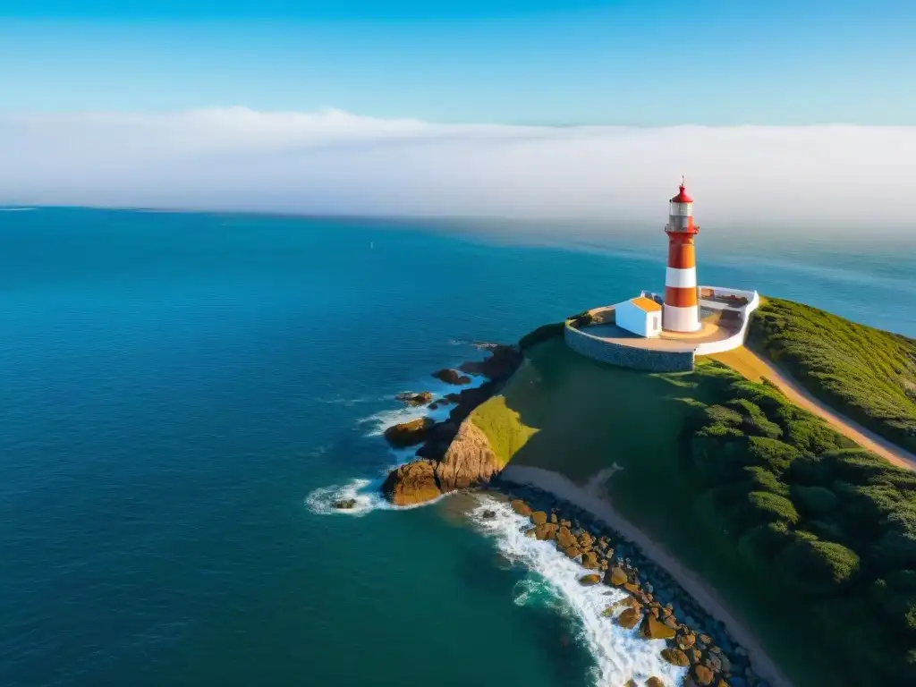 Vista aérea del icónico faro de Punta del Este sobre el vasto Océano Atlántico, con cielo azul y la costa uruguaya