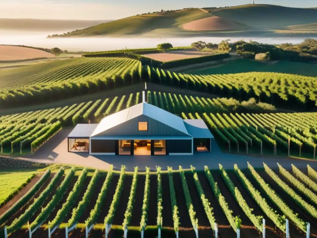 Una vista aérea impresionante de Bodega Garzón en Uruguay, fusionando su diseño arquitectónico moderno con los viñedos circundantes al atardecer