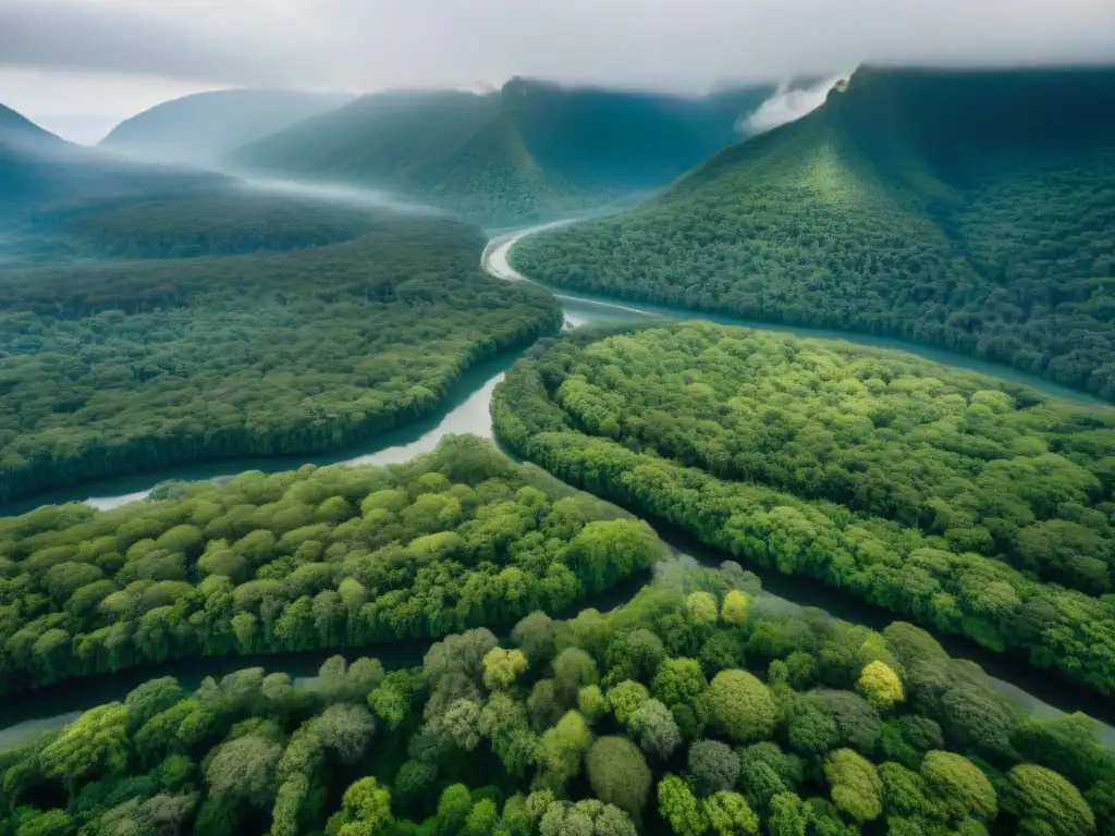 Vista aérea impresionante de bosques verdes, río serpenteante y eco-lodges en Uruguay