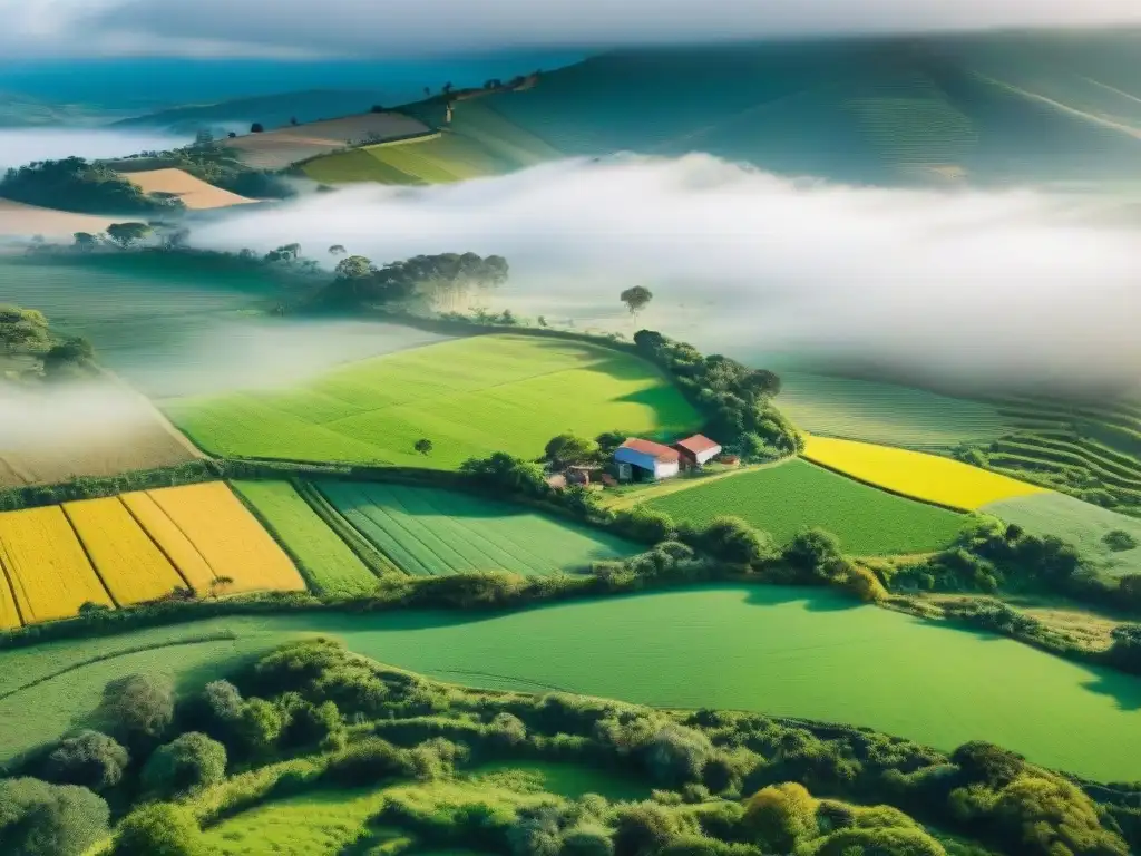 Vista aérea impresionante de colinas verdes en Uruguay con granjas, agricultores y turismo rural sostenible en Uruguay