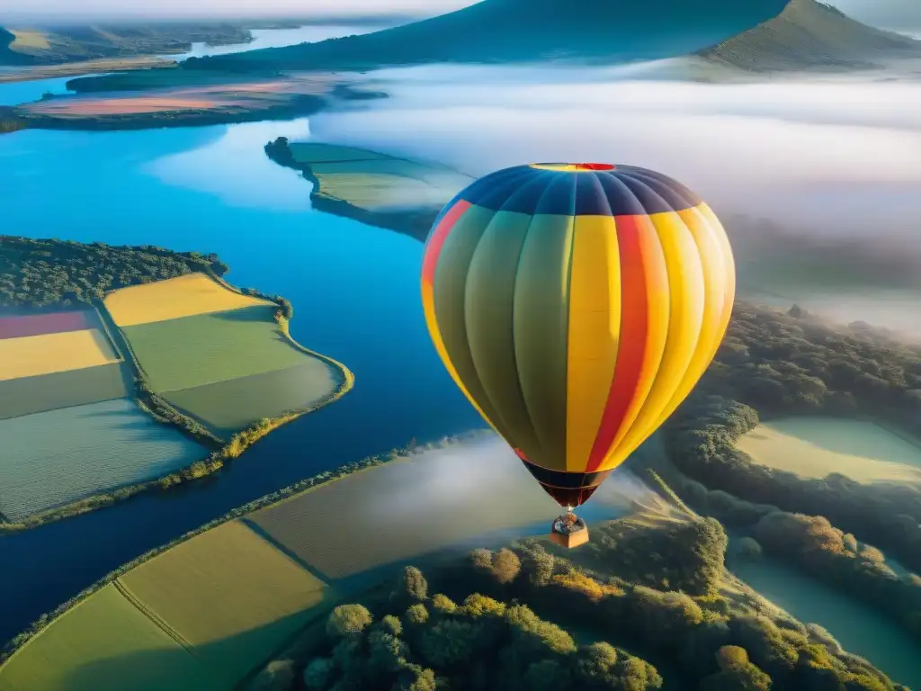 Vista aérea impresionante de un colorido globo aerostático flotando sobre Uruguay