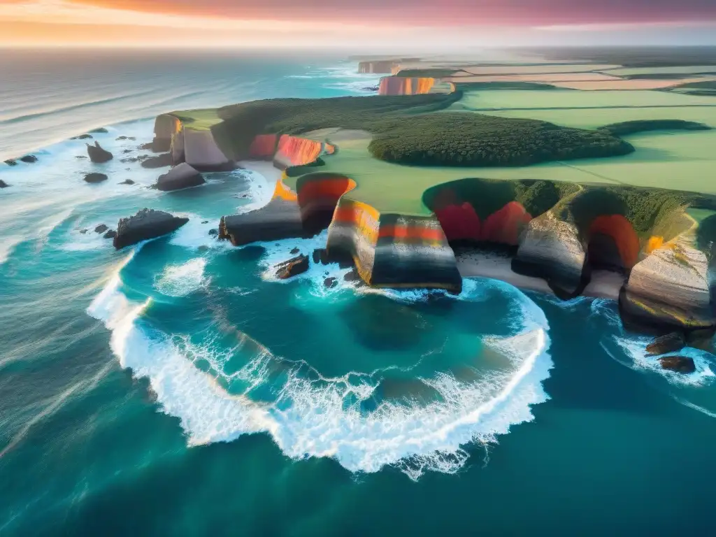 Vista aérea impresionante de la costa de Uruguay, donde acantilados se unen al mar turquesa