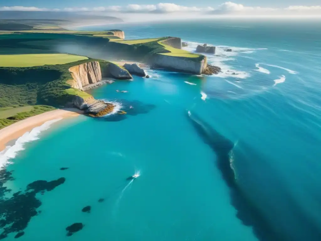 Vista aérea de la impresionante costa de Uruguay con acantilados, aguas turquesas y gaviotas