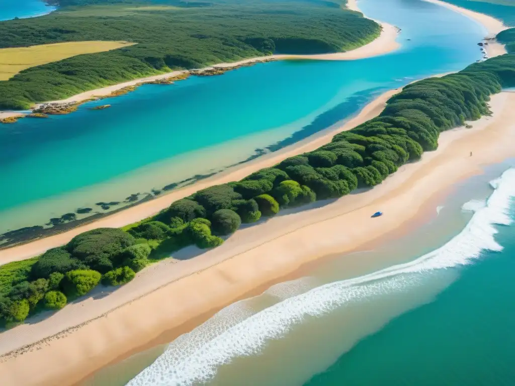 Vista aérea impresionante de la costa de Uruguay con playas doradas y aguas turquesas del Atlántico