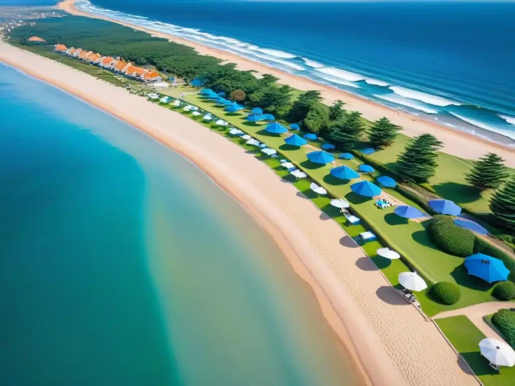 Vista aérea de la impresionante costa de Punta del Este en Uruguay con escultura de los dedos, yates de lujo y sombrillas coloridas