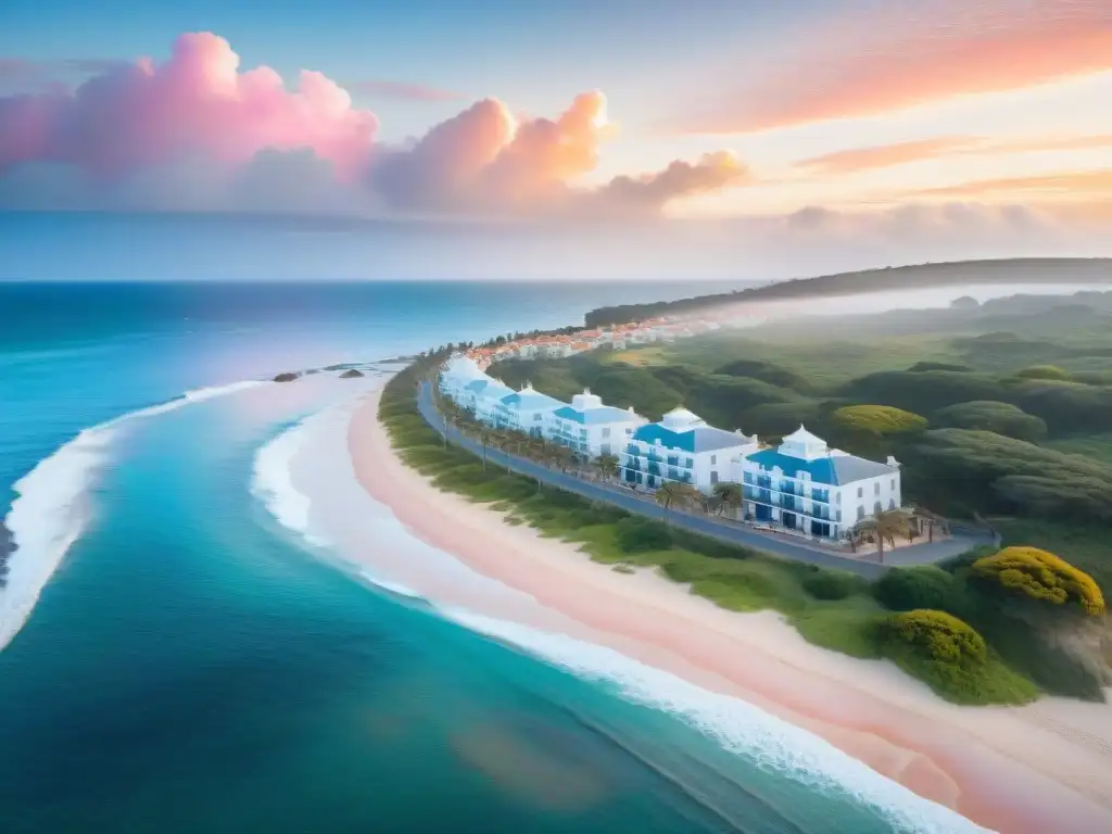 Vista aérea impresionante de la costa de Uruguay con hoteles y villas frente al mar, ideal para encontrar alojamiento en Uruguay