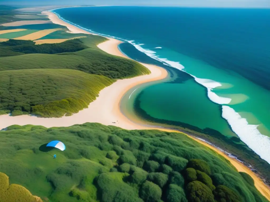 Vista aérea impresionante de la costa de Uruguay con parapente tándem, brindando libertad y emoción