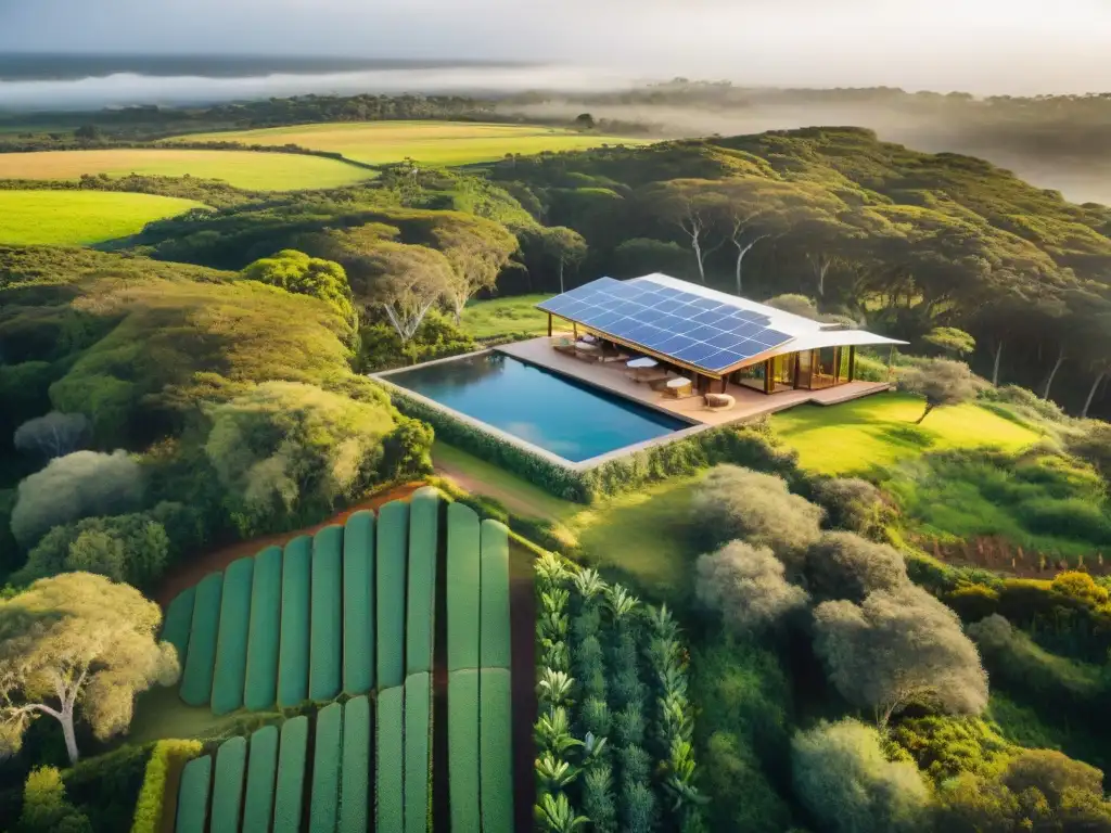 Vista aérea impresionante de un ecolodge de lujo en Uruguay, con arquitectura sostenible y diseño ecoamigable en armonía con la naturaleza