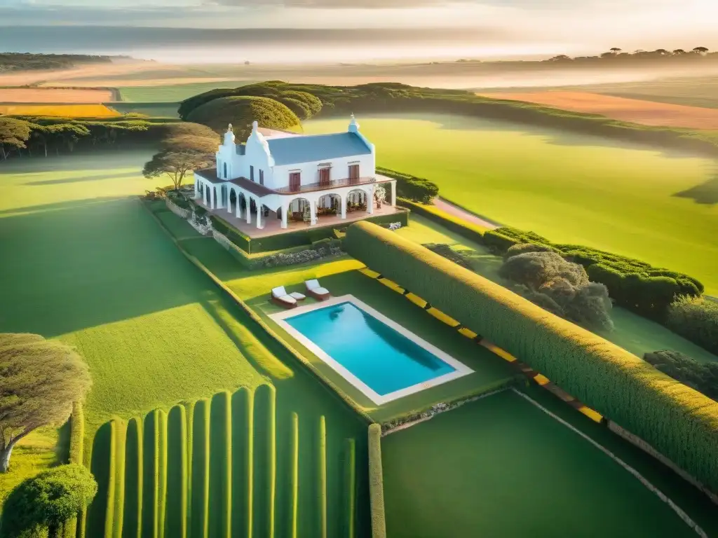 Vista aérea impresionante de estancia exclusiva en Uruguay con campo verde, edificios coloniales y piscina cristalina