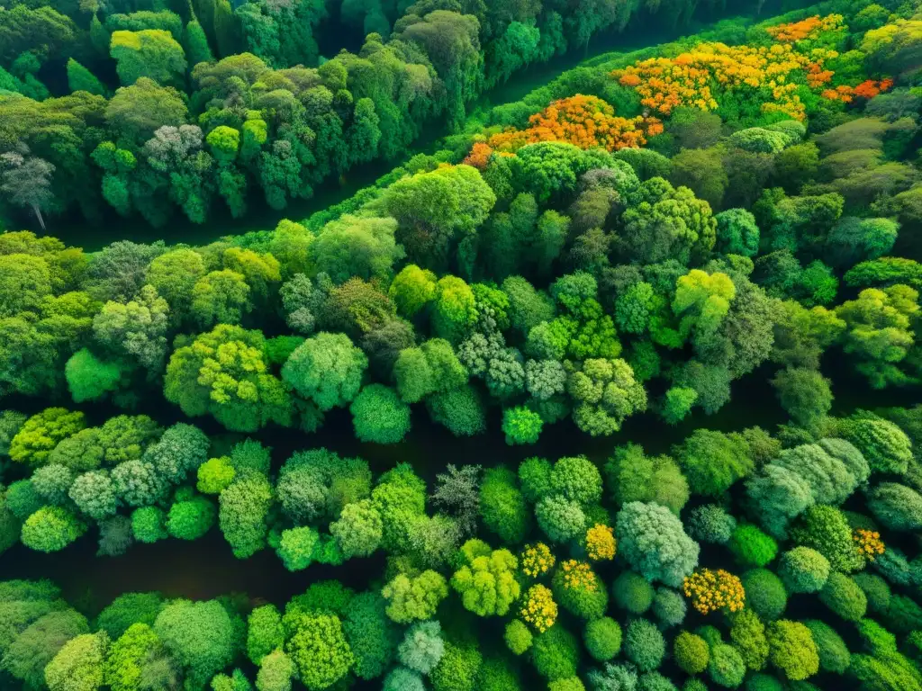 Vista aérea impresionante del exuberante dosel forestal de Uruguay, con biodiversidad y luz natural