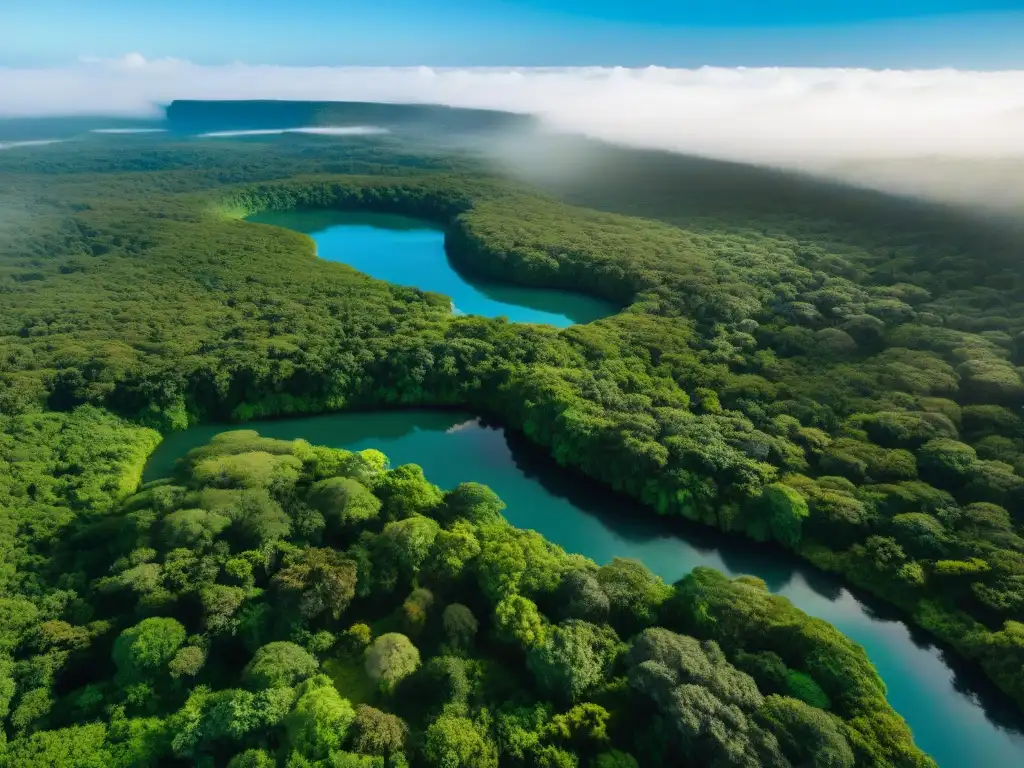 Vista aérea impresionante de la exuberante selva tropical en Uruguay, con un río serpenteante y un cielo azul