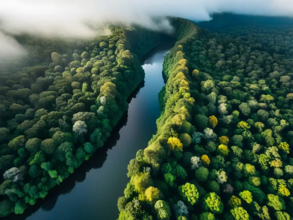 Vista aérea impresionante de un exuberante bosque en Uruguay, resaltando la biodiversidad y los proyectos de ecoturismo en la región