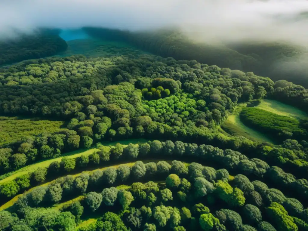 Vista aérea impresionante de un exuberante bosque en Uruguay con río serpenteante, destacando la diversidad del ecosistema y la belleza natural