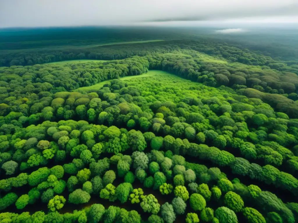 Vista aérea impresionante de los exuberantes bosques de Uruguay, destacando la importancia de la conservación y reforestación