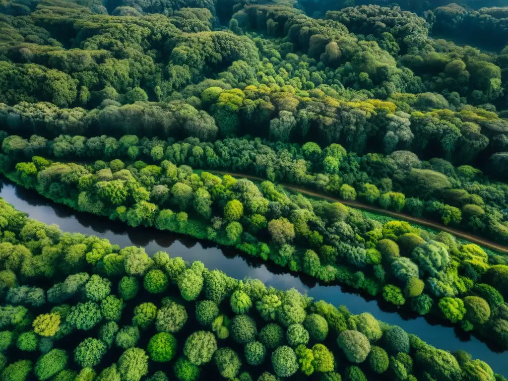 Vista aérea impresionante de un frondoso bosque en Uruguay con diversa fauna y un río serpenteante