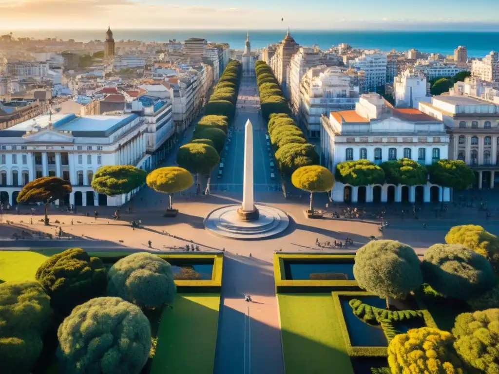 Vista aérea impresionante de la icónica Plaza Independencia en Montevideo, Uruguay, con su arquitectura histórica y ambiente vibrante