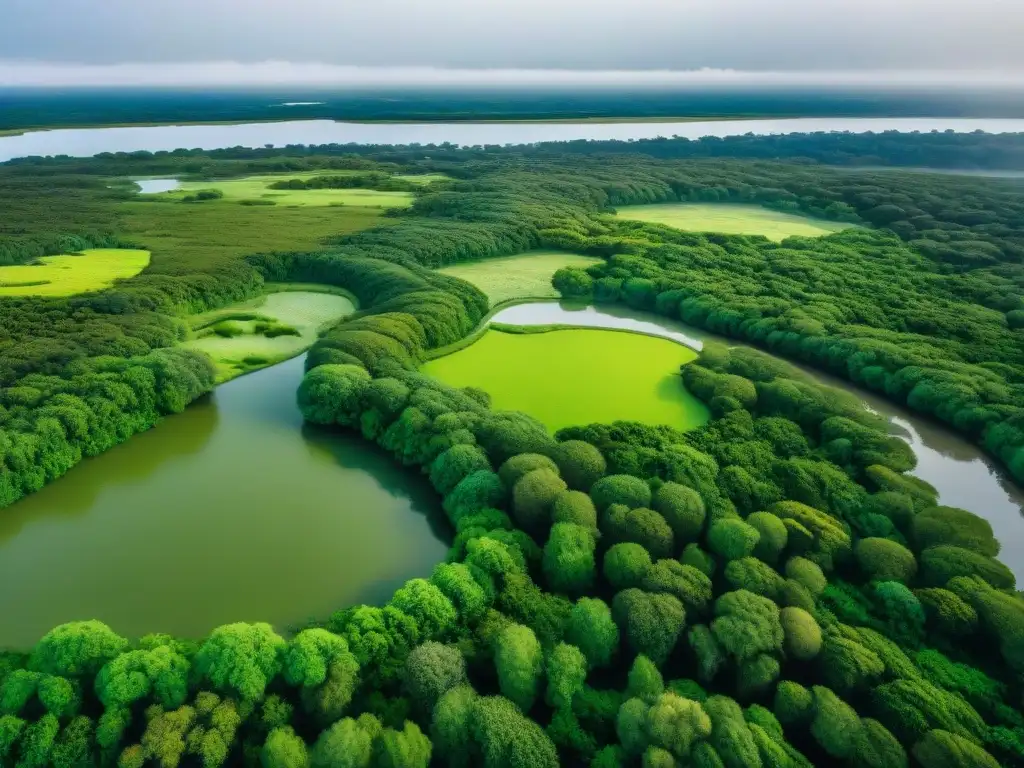 Una vista aérea impresionante de las marismas en Soriano, Uruguay, mostrando la riqueza natural del ecosistema con vegetación exuberante, ríos sinuosos y diversas especies de aves en su hábitat natural