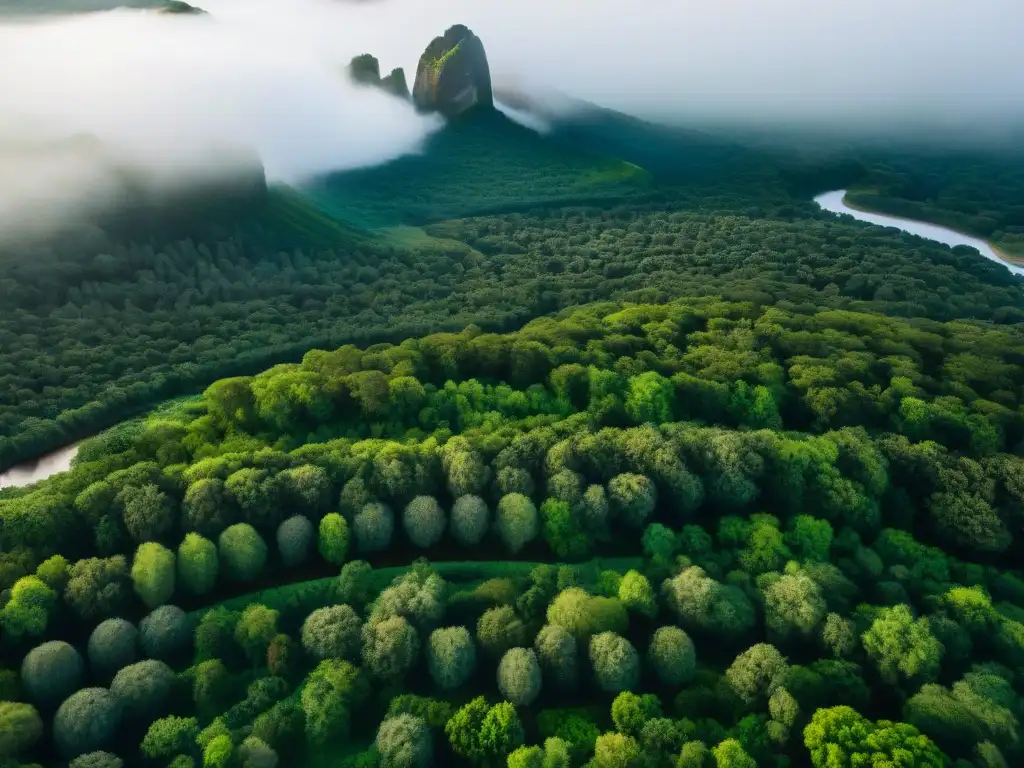 Vista aérea impresionante de Uruguay, preservando naturaleza con exuberantes bosques, ríos sinuosos y vida silvestre diversa en su hábitat natural