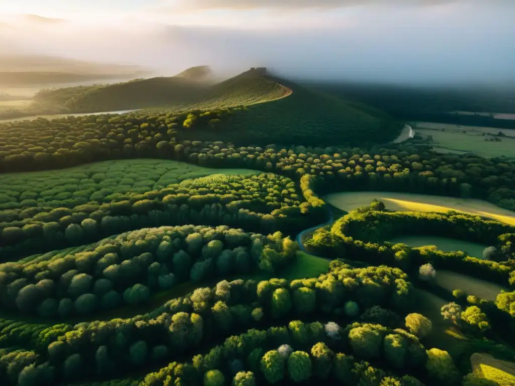 Vista aérea impresionante del oasis natural Valle Edén en Uruguay, con exuberante vegetación en contraste con el árido paisaje circundante