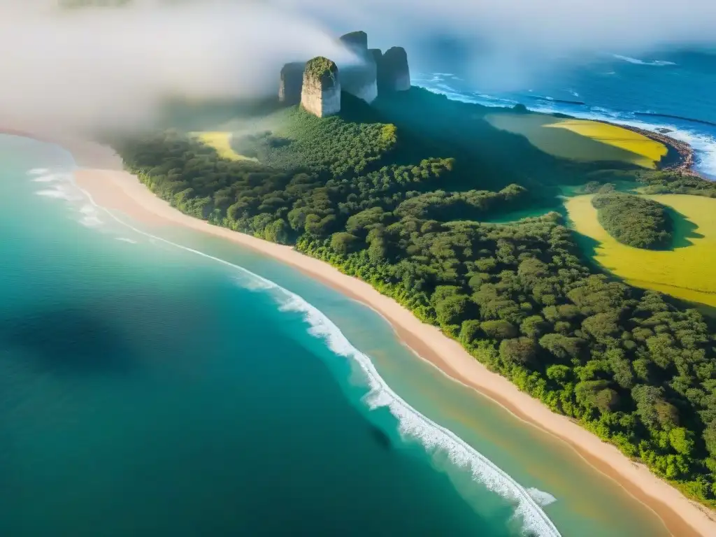 Vista aérea impresionante de paisajes verdes y playas de Uruguay, destacando el ecoturismo sostenible en Uruguay