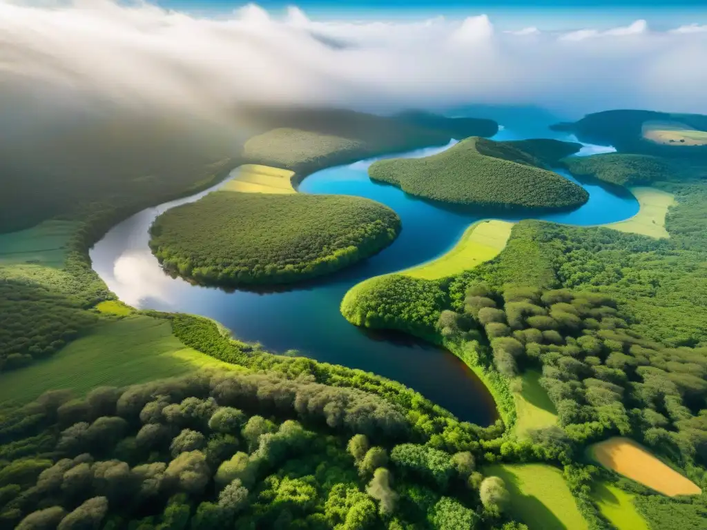 Vista aérea impresionante de paisajes verdes de Uruguay con río serpenteante