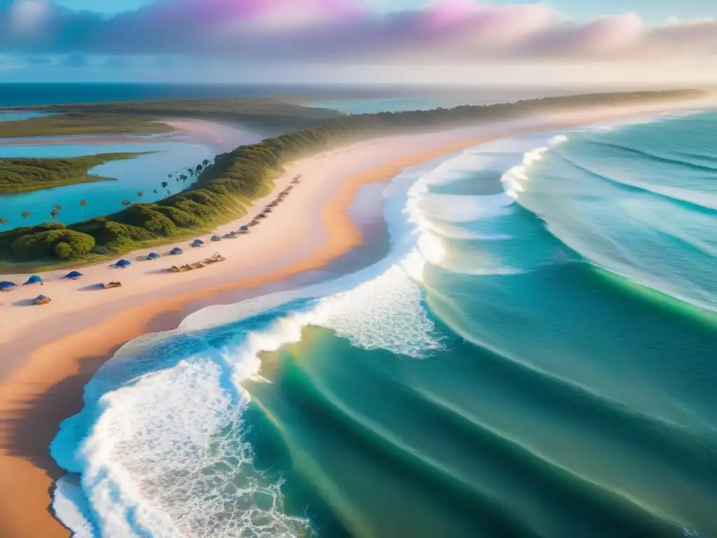 Vista aérea impresionante de La Paloma, Uruguay, con surfistas en las olas al atardecer