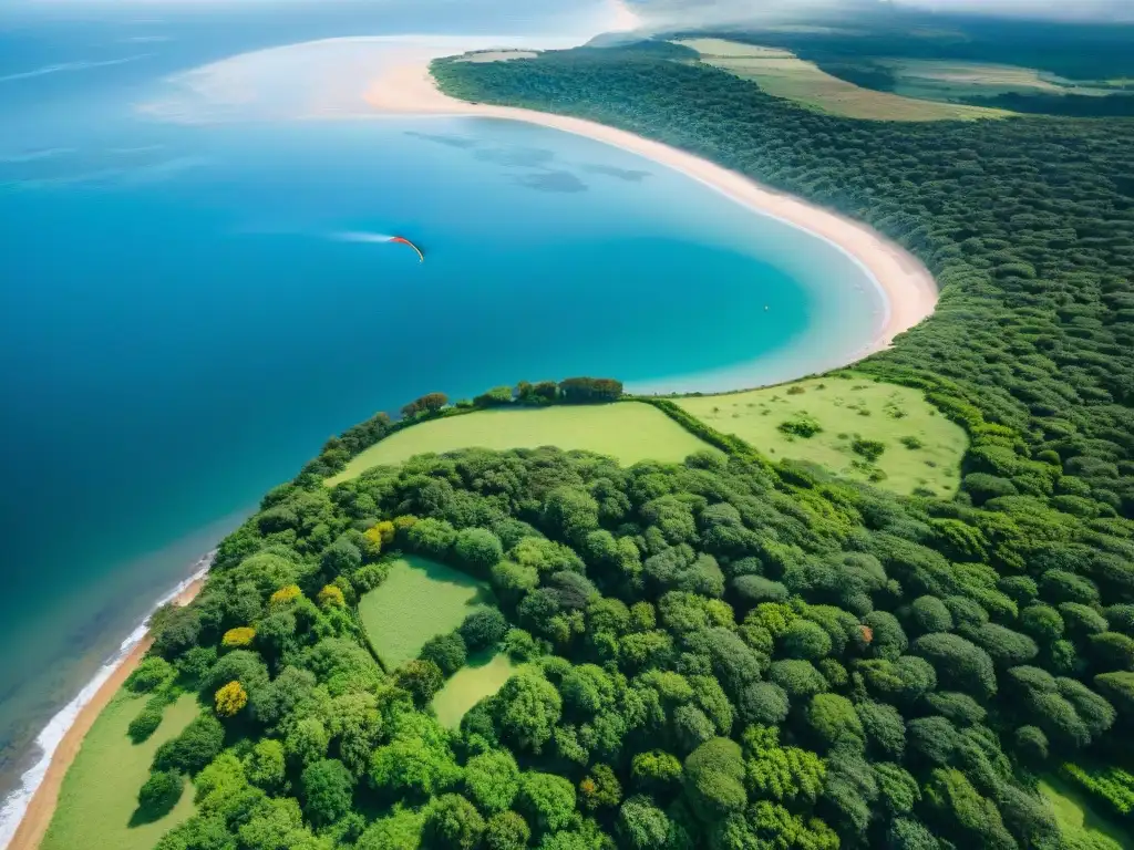 Vista aérea impresionante de Uruguay, preparación parapente aventura en paisajes diversos y costa expansiva