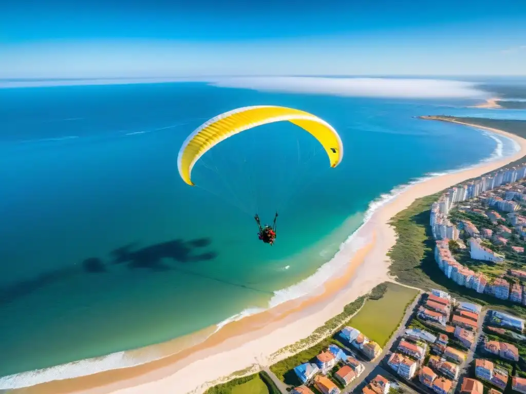 Vista aérea impresionante de parapente tándem en la costa de Punta del Este, Uruguay