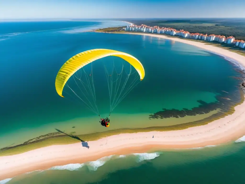 Vista aérea impresionante de un parapente colorido sobre la costa de Punta del Este, Uruguay