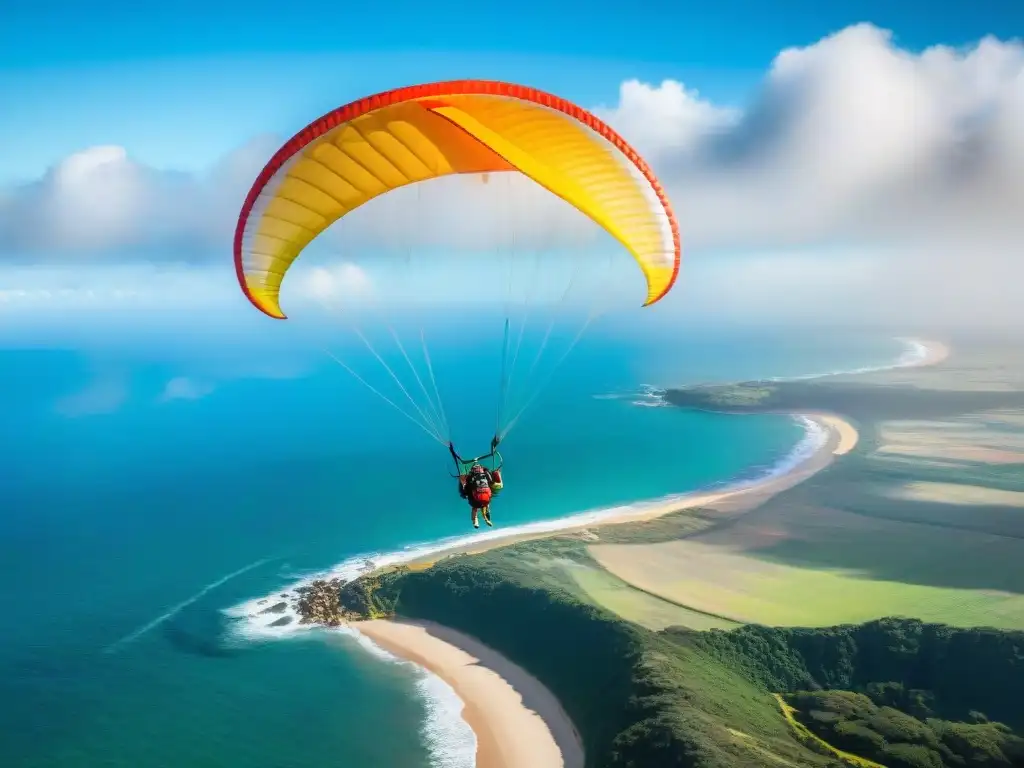 Vista aérea impresionante de parapente sobre la costa de Uruguay