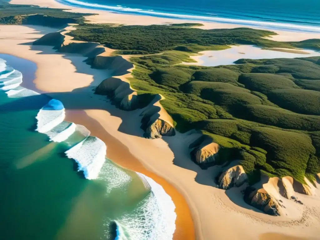 Vista aérea impresionante del Parque Nacional Cabo Polonio en Uruguay, destacando su costa virgen y ecosistema diverso