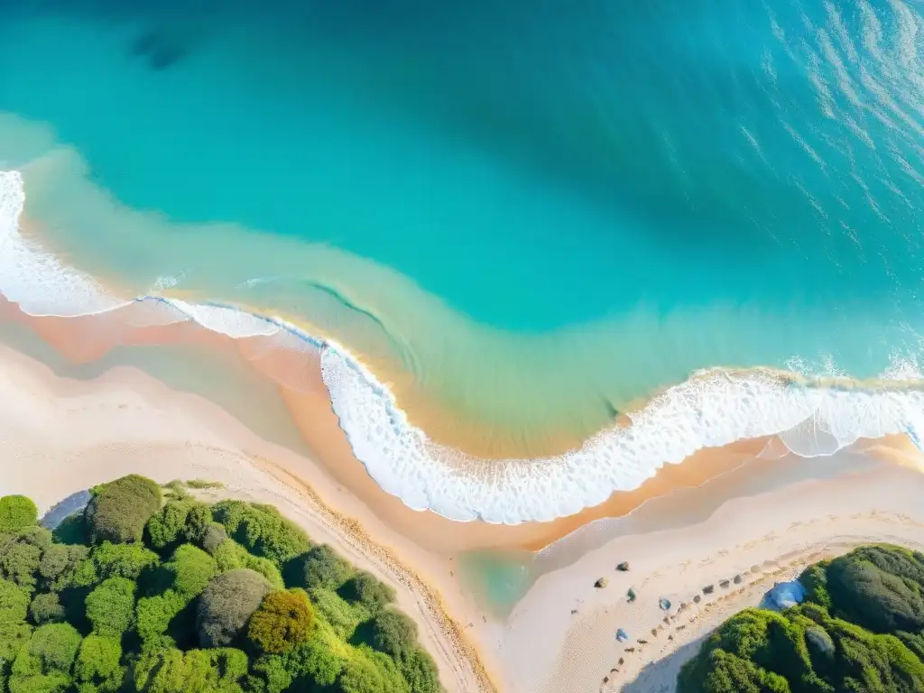 Vista aérea impresionante de una playa secreta en Uruguay con aguas turquesas, arena dorada y vegetación exuberante