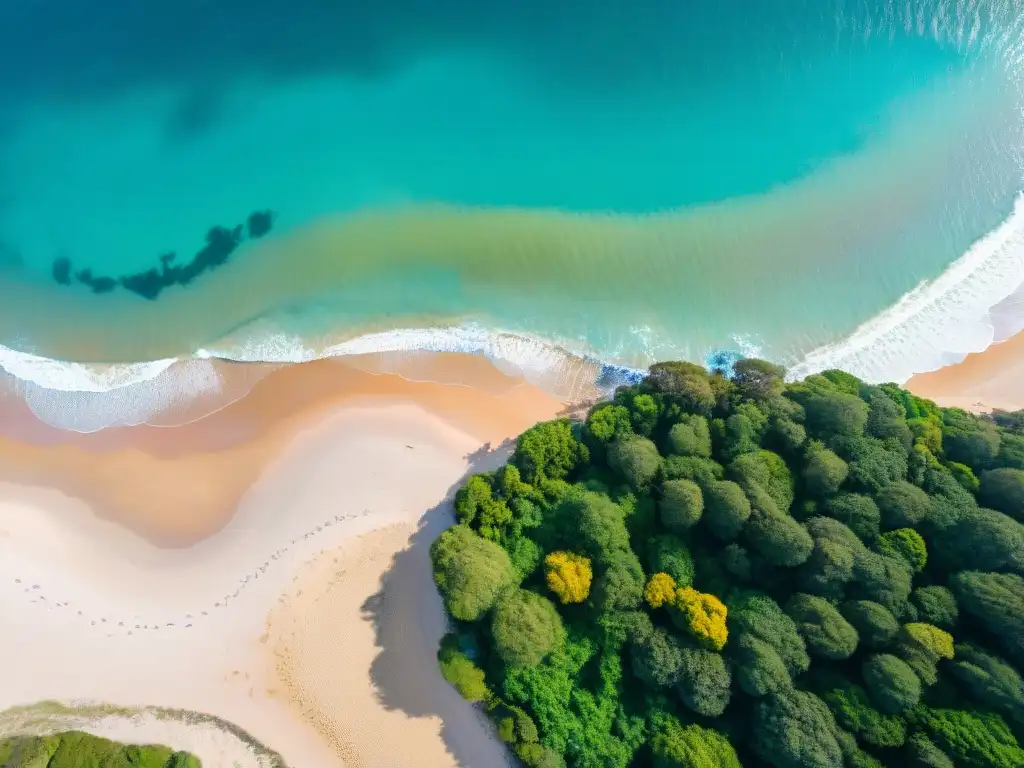 Paraíso costero en Uruguay: aguas turquesas y arenas doradas Vista aérea impresionante de una playa escondida en Uruguay, aguas turquesas y arena dorada