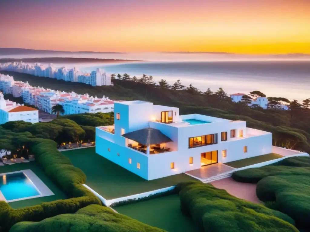 Vista aérea impresionante de Casa Pueblo en Punta del Este, con su arquitectura única y ubicación costera, en un atardecer vibrante