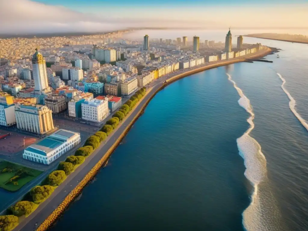 Vista aérea impresionante de la Rambla de Montevideo, destacando la ciudad, el Río de la Plata y los puntos icónicos