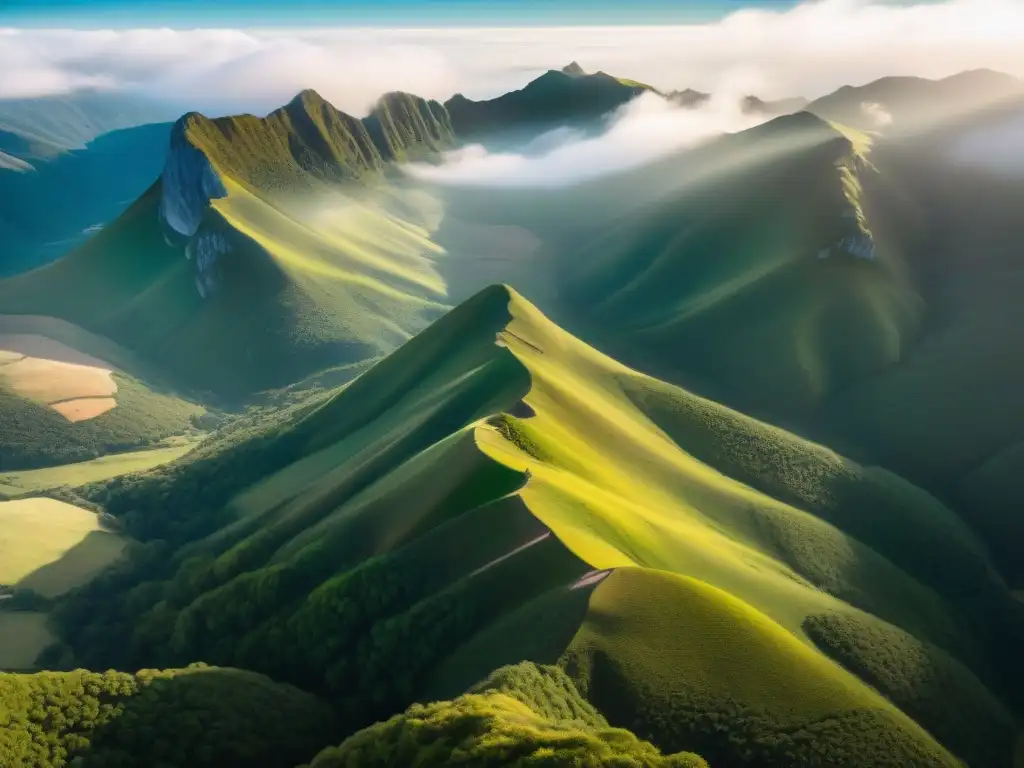 Vista aérea impresionante de las Sierras de Minas en Uruguay, invitando a la aventura natural entre valles verdes y senderos