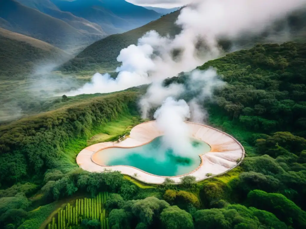 Vista aérea impresionante de termas uruguayas tradición naturaleza, con aguas termales entre paisajes verdes