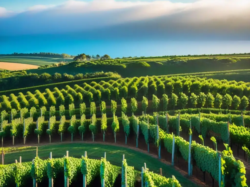 Vista aérea impresionante de viñedos en Uruguay con bodegas modernas y naturaleza exuberante