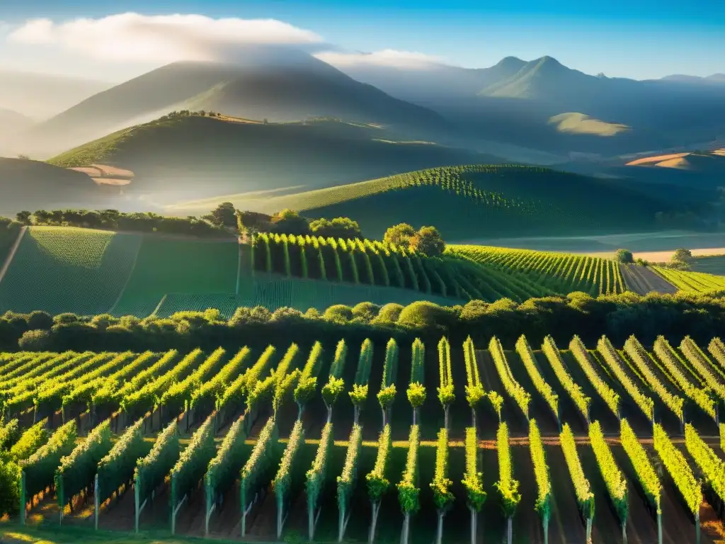 Vista aérea impresionante de viñedos en Uruguay, destacando la diversidad de paisajes y uvas