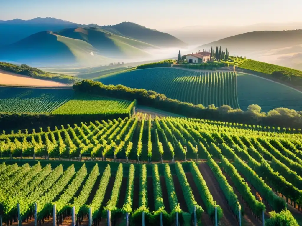 Vista aérea impresionante de viñedos en Uruguay con bodegas y montañas al fondo, ideal para Rutas del vino Uruguay principiantes