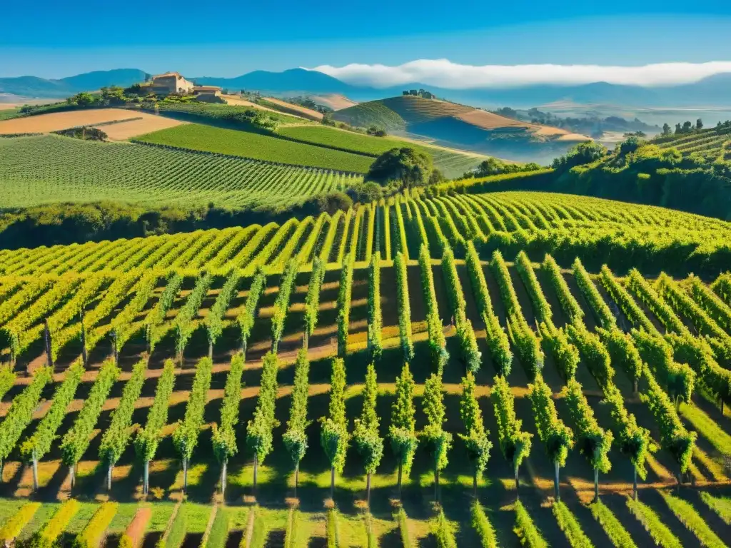 Una vista aérea impresionante de viñedos en Uruguay, con las montañas de los Andes a lo lejos