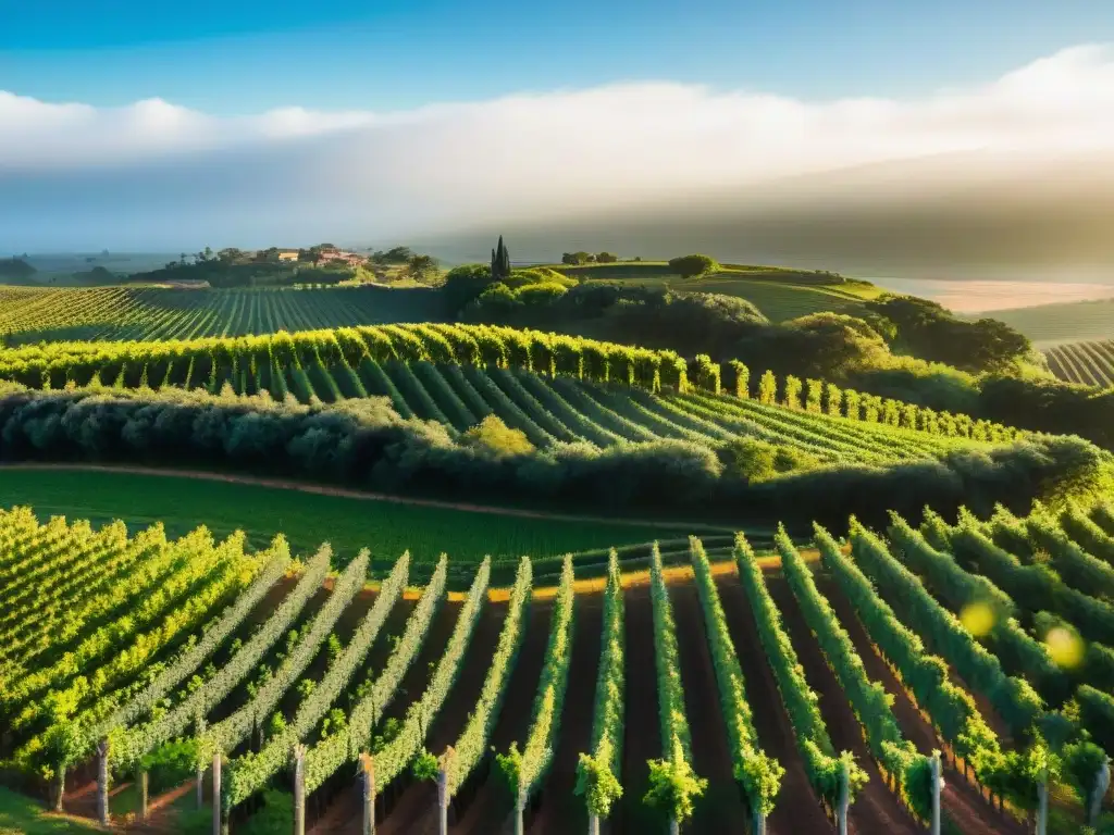 Vista aérea impresionante de viñedos en Uruguay con hotel boutique entre ellos