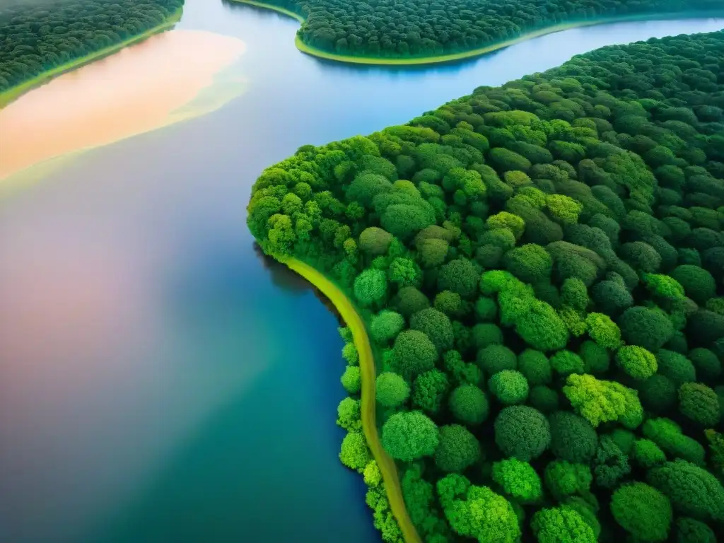 Vista aérea impresionante de Uruguay, con sus diversas zonas ecológicas: bosques verdes, humedales extensos y ríos sinuosos