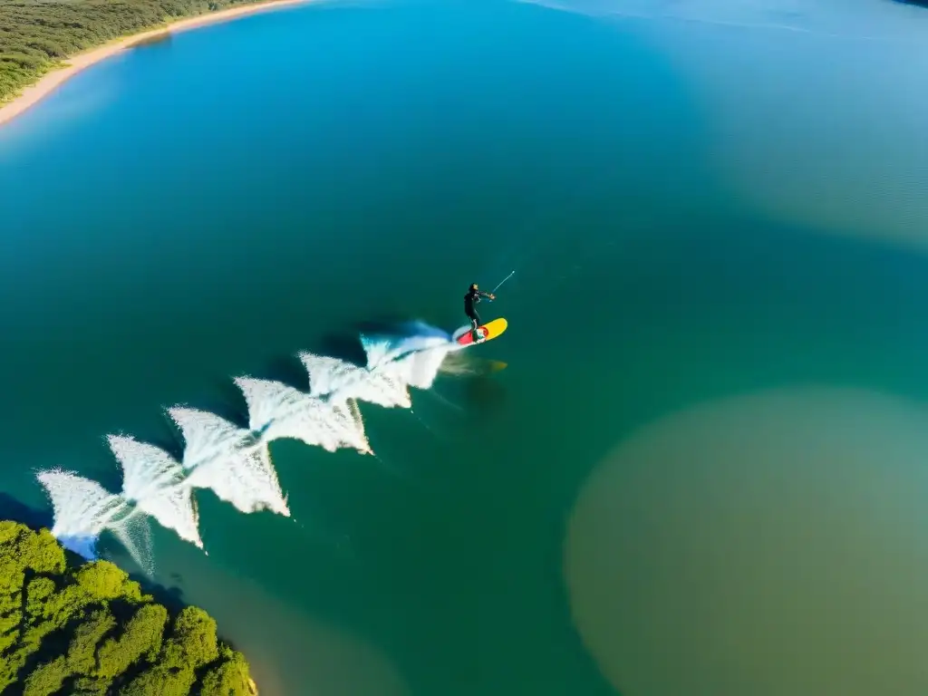 Vista aérea de la Laguna Garzón en Uruguay con wakeboarders realizando trucos