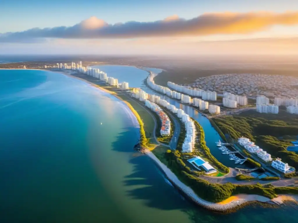 Vista aérea de lujo en Punta del Este con yates, resorts y atardecer dorado en Experiencias VIP Punta del Este