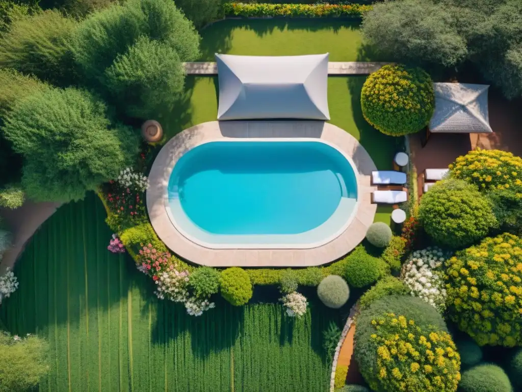 'Vista aérea de un lujoso spa en Uruguay entre vegetación exuberante con piscina cristalina, elegantes cabañas spa y masajes relajantes bajo pérgolas
