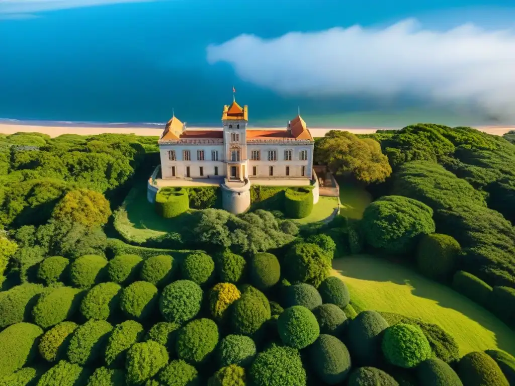 Vista aérea del majestuoso Castillo de Piria en Uruguay, rodeado de vegetación, bajo la luz del sol