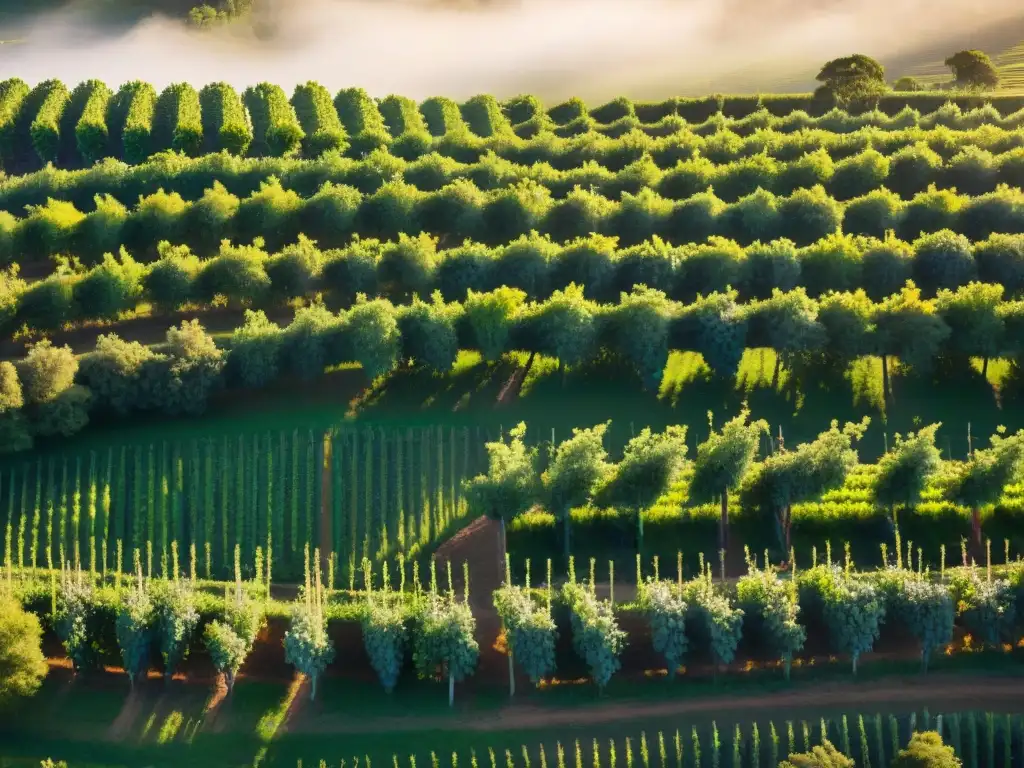 Vista aérea de los mejores cabañas viñedos Uruguay, con viñedos verdes y sol dorado